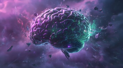 Fototapeta premium Digital neurons breaking apart from a decaying brain, futuristic sci-fi, purple and green holographic light, high-tech 3D effect, crumbling structure to show mental health decline