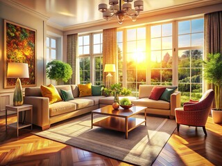 Fototapeta premium Sunlit Upscale Living Room with Depth of Field