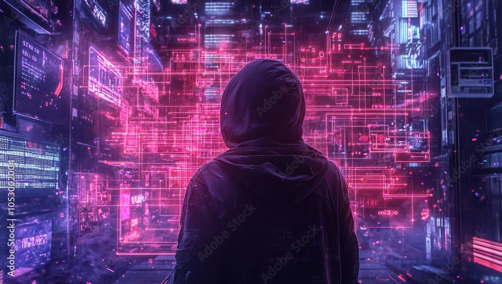 Poster a hooded figure stands in a digital space filled with glowing data and code.