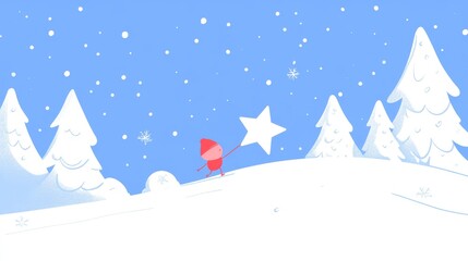 2410_084.cute winter minimal design, tiny red character pulling star shape, snowy hillside scene, decorative white evergreens, falling snow dots, powder blue sky, gentle gradients, charming festive