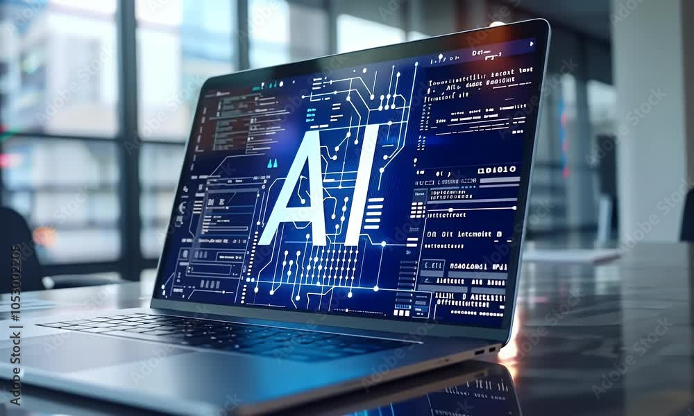 Aufkleber ai technology concept with laptop and hologram icon of artificial intelligence, text ai on the scree