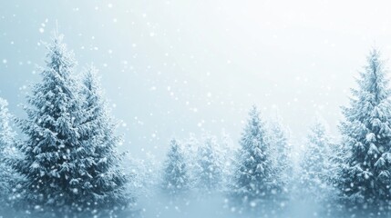 2410_014.ethereal winter scenery, abstract fir tree silhouettes, drifting snow effect, cool blue monochrome, flat graphic style, serene christmas motif, layered forest composition, gentle gradient
