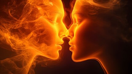 Fototapeta premium Fiery orange faces melting into one another, glowing with passion and emotion, symbolizing the warmth and intensity of human relationships in a bright haze