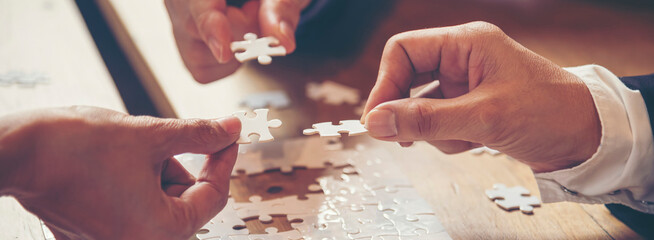 Banner Implement puzzle improve hand holding together solve synergy organize team connection plan...