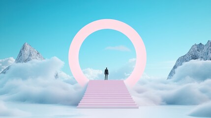 A figure standing on the edge of a shimmering, ethereal portal, a single, risky step separating them from a world beyond human comprehension.