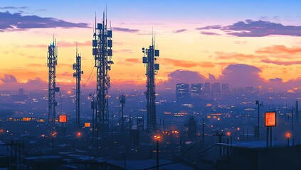 A cityscape at sunrise with tall towers and a hazy skyline.