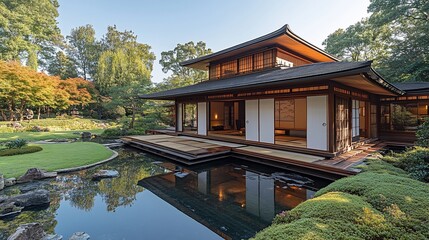 Naklejka premium A traditional Japanese home with a wooden deck overlooking a koi pond and a lush green garden.