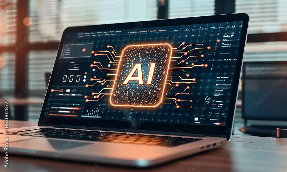 Aufkleber ai technology concept with laptop and hologram icon of artificial intelligence, text ai on the scree