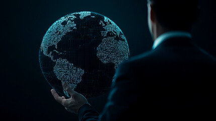 A figure in a suit holds a digital globe, representing global connectivity and technology against a...