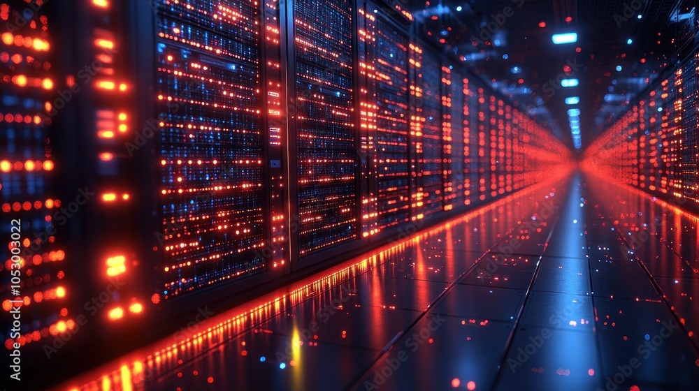 Aufkleber a futuristic data center with illuminated server racks.