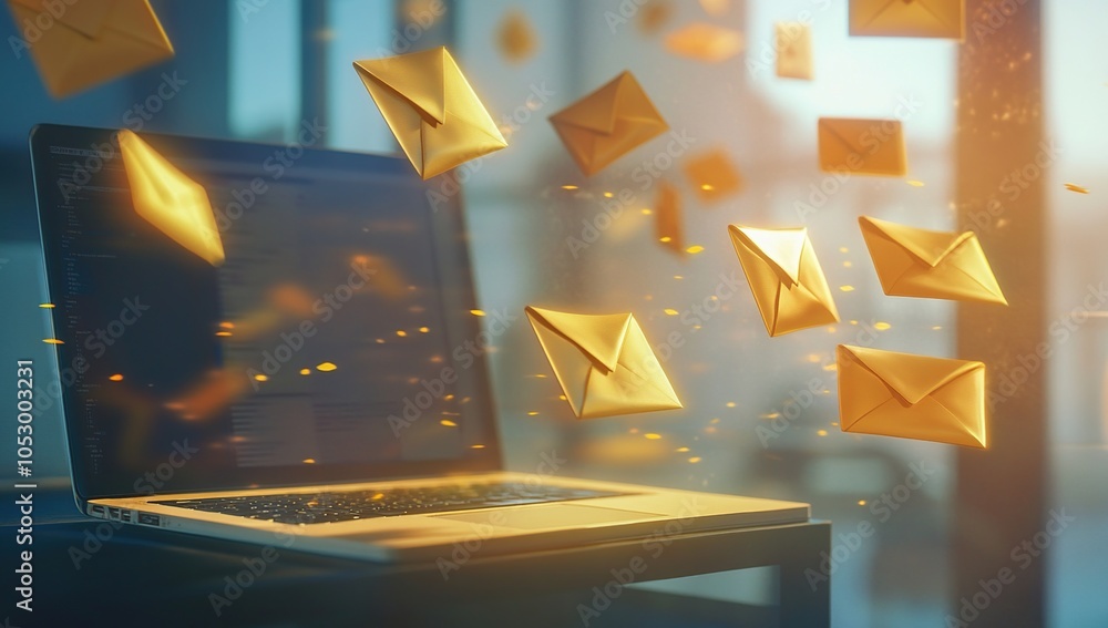 Aufkleber a laptop with golden email envelopes floating around it, symbolizing the fast and efficient communic