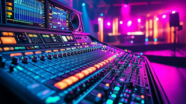 A close-up of a soundboard in a concert venue, lit in vibrant pink and blue light
