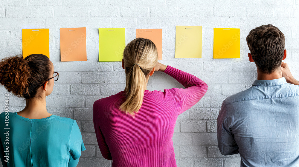 Poster three individuals observe colorful notes pinned to a wall, engaged in a collaborative brainstorming 