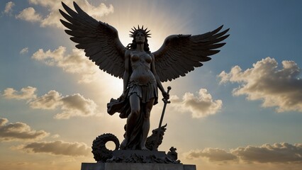 Fototapeta premium Sculpt Nike, the goddess of victory, holding wings of triumph, standing on the high ground of a battlefield victory, set against dawn and banners of glory, symbolizing the power of victory and honor.