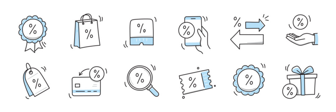 Doodle discount sale icon set. Discount percent, shop sale coupon hand drawn sketch line pen stroke style icon. Special price offer deal sketch doodle drawn collection. Vector illustration
