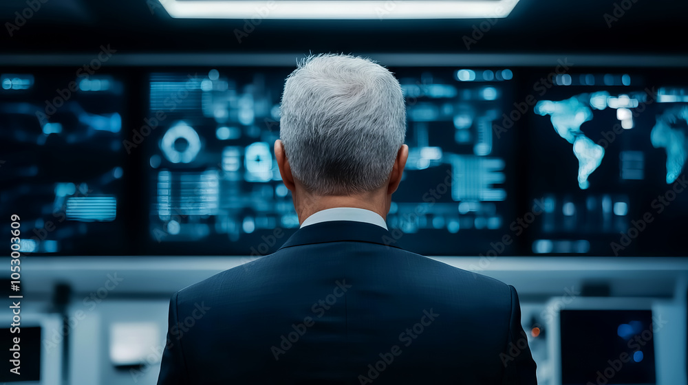 Poster a business professional observes data analytics on multiple screens, focused on strategic decision-m