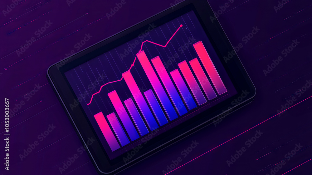 Poster a vibrant graph displayed on a tablet, showcasing upward trends with colorful bars against a dark ba
