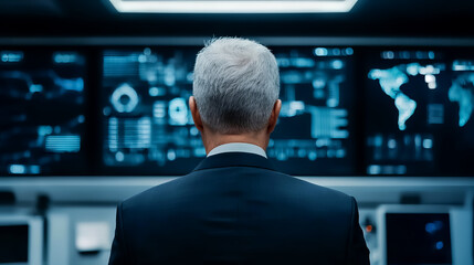 Fototapeta premium A business professional observes data analytics on multiple screens, focused on strategic decision-making in a high-tech environment.