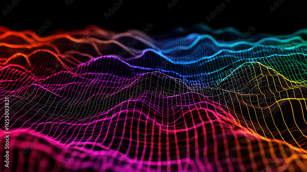 Poster a colorful wave-like pattern with a digital mesh structure, showcasing vibrant gradients against a d