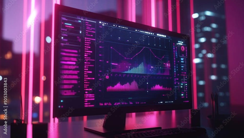 Poster a modern computer monitor displays graphs and data in a futuristic neon-lit office.