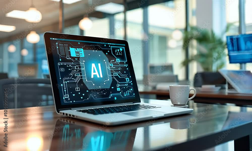 Poster ai technology concept with laptop and hologram icon of artificial intelligence, text ai on the scree
