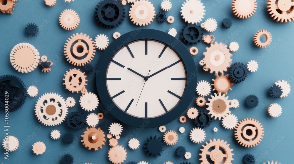 Poster a giant, surreal clock made of gears and cogs, with each hand representing a different department, w