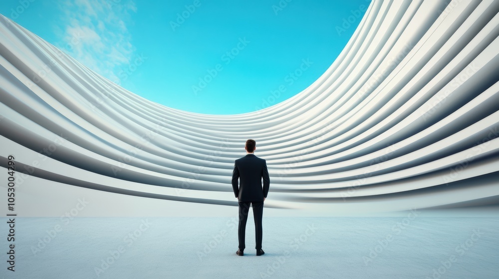 Poster a businessman standing in front of a giant, surreal canvas, where the lines and shapes of the struct