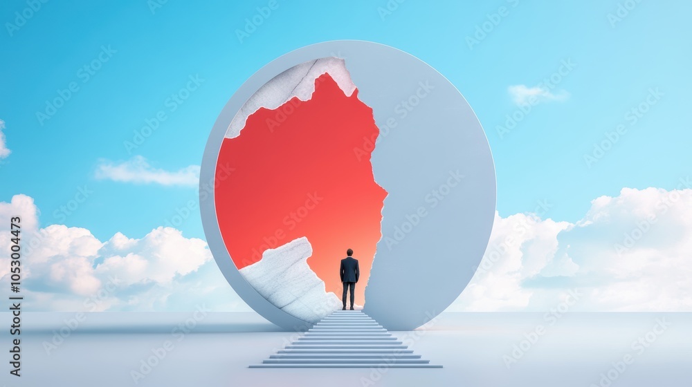 Poster a businessman standing in front of a giant, surreal mirror, reflecting a distorted, fragmented image
