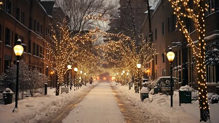 A snow-covered street in a city is lit by string lights on trees - Powered by Adobe
