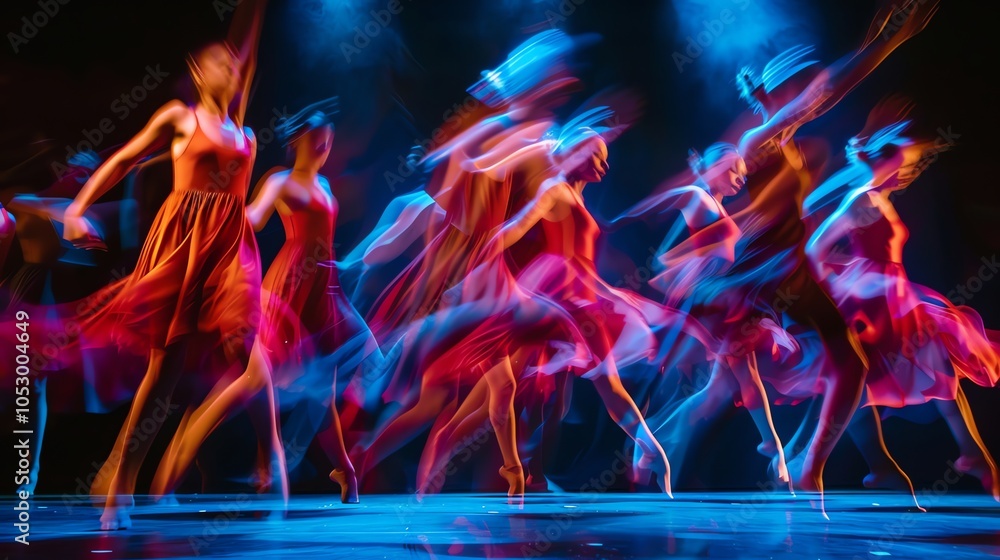 Aufkleber a group of dancers perform on a stage with colorful lighting creating a blurred effect.