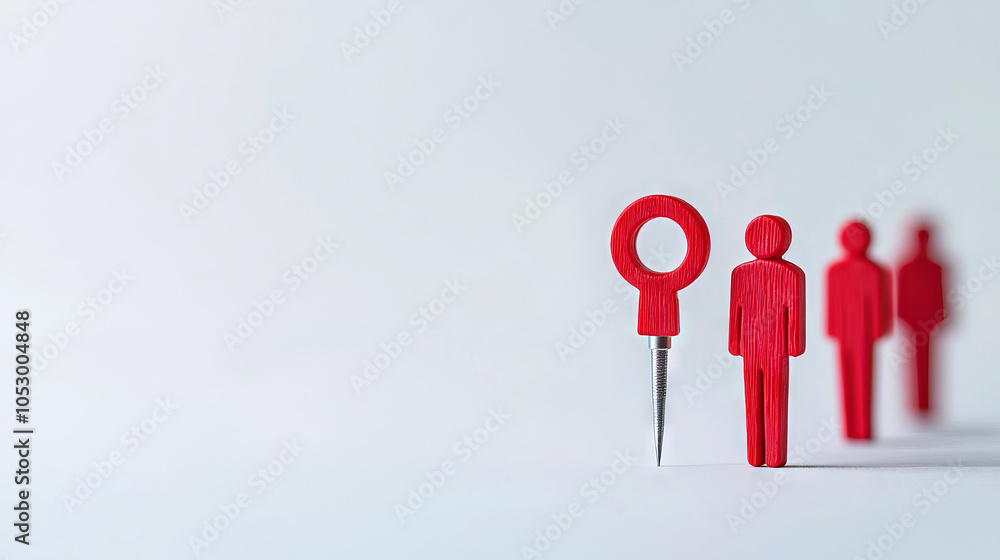 Poster the image features red figures representing humans, with one figure highlighted by a keyhole shape, 