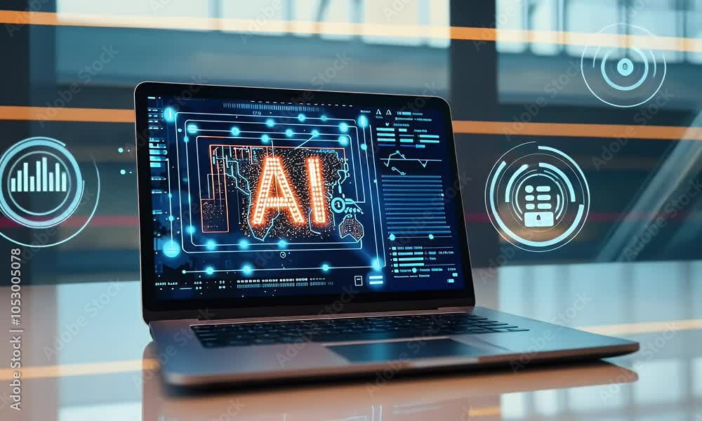 Poster ai technology concept with laptop and hologram icon of artificial intelligence, text ai on the scree