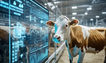 A cow in a modern barn looks at a screen displaying digital data.