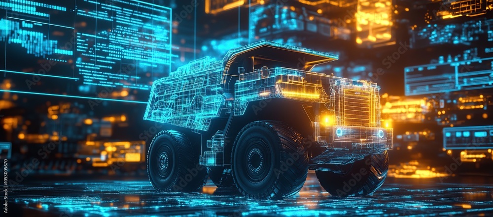 Poster a futuristic truck, rendered in a digital wireframe style, is set against a backdrop of flashing com