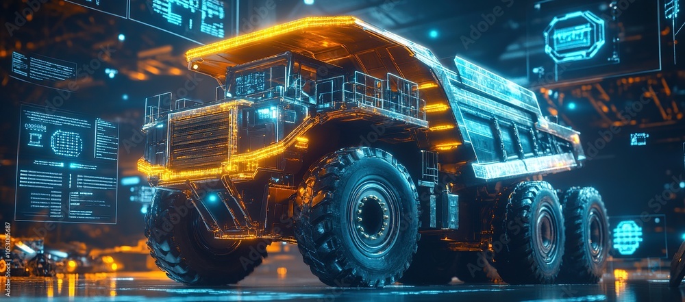 Poster a futuristic mining truck with glowing lines stands in front of a digital display.