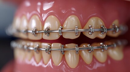 High-resolution close-up of a tooth model fitted with metal braces, detailed view of brackets and wires, Dental equipment, Medical simulation
