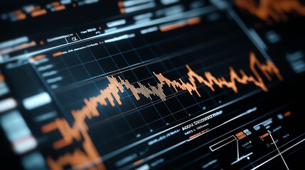 Data visualization on digital screen with graphs and indicators.