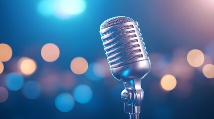 Retro microphone on stage with a black background, capturing the essence of vintage music and live performances