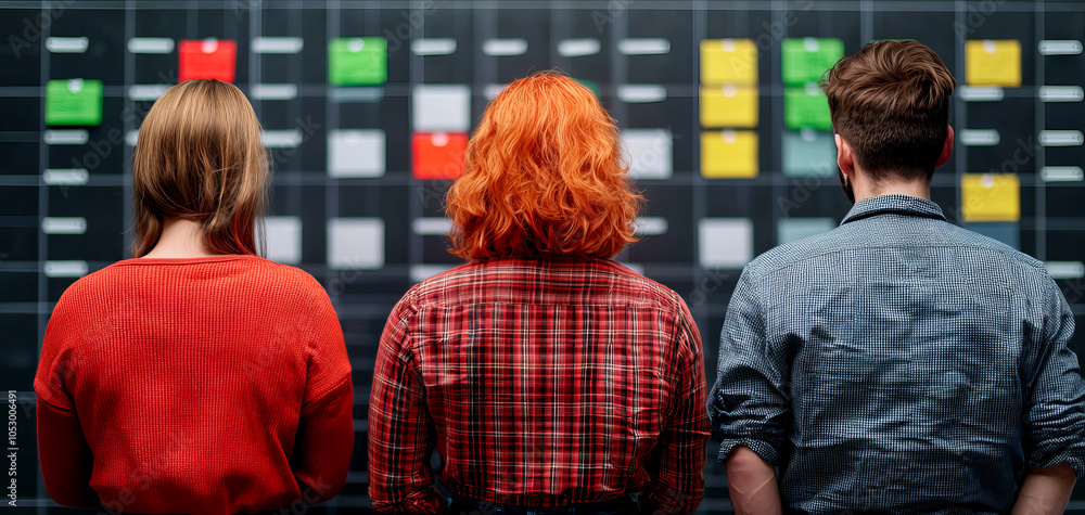 Poster three people in checkered shirts observe a colorful display board with notes, suggesting collaborati