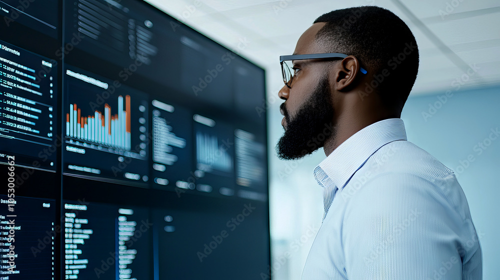Poster a professional analyzing data on a digital screen in an office setting.