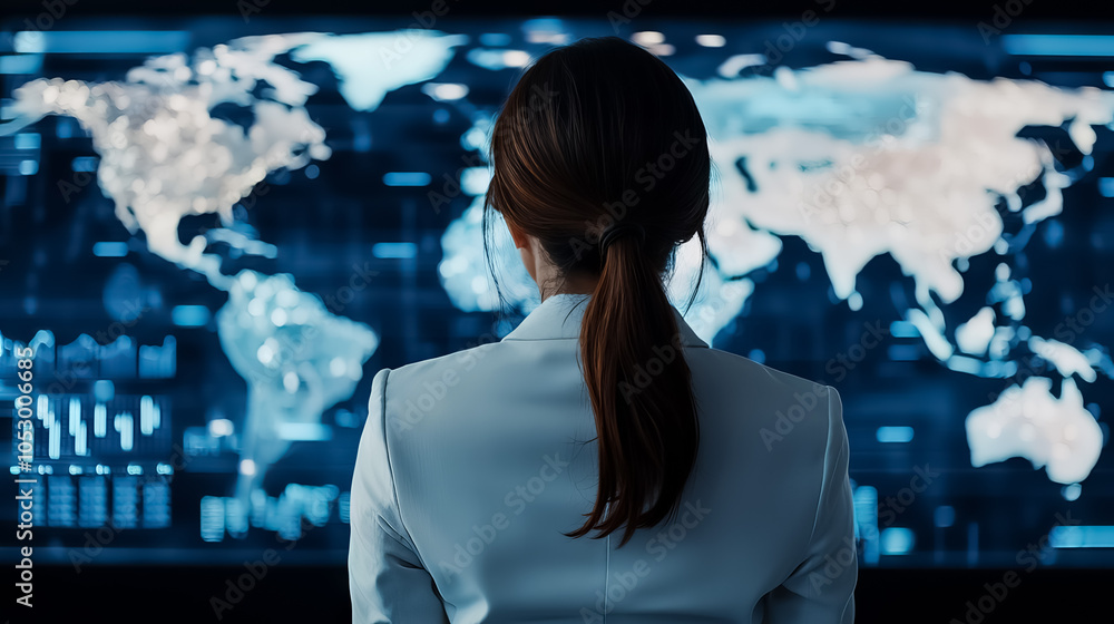Poster a professional woman observes a digital world map displayed on a large screen, emphasizing global co