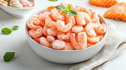 Fresh shrimp in a bowl with mint, white background.