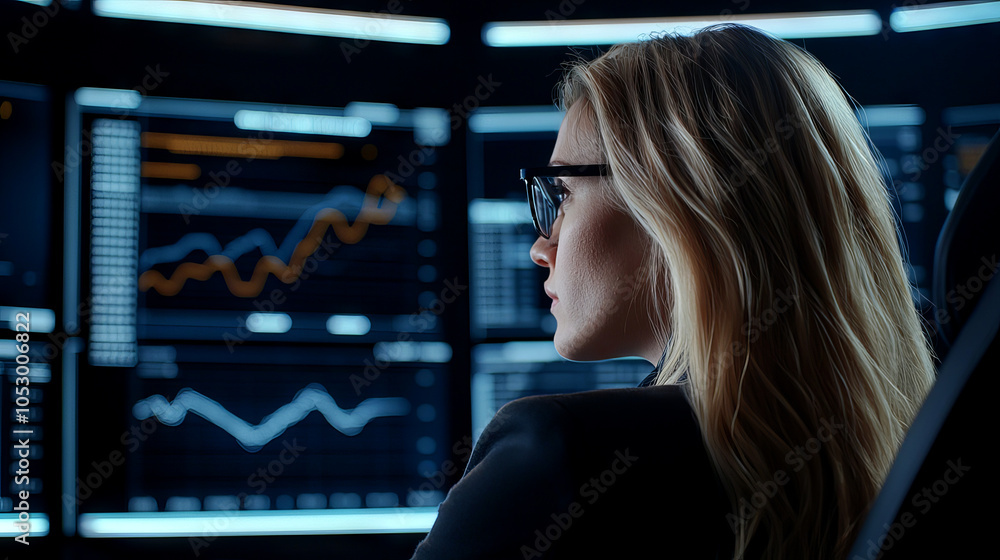 Poster a focused professional analyzes data on multiple monitors, showcasing a modern environment in financ