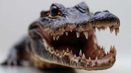 Obraz premium Isolated crocodile head with open mouth, sharp teeth bared, rugged skin texture visible, set against a white backdrop. crocodile focus, sharp details