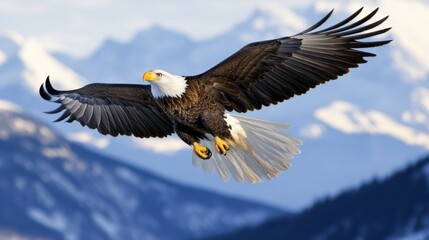 Fototapeta premium A majestic eagle soaring against a mountainous backdrop.