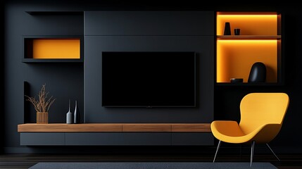 Modern Living Room with Black and Yellow Accents: A minimalist living room featuring a sleek black entertainment center with a large TV.