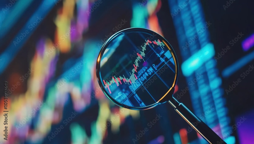 Poster a magnifying glass focuses on a stock market chart with colorful lines representing data fluctuation