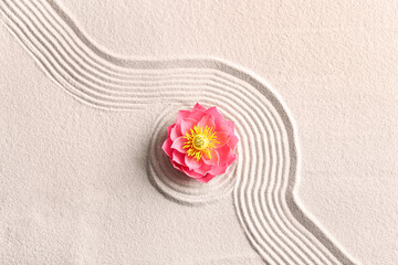 Beautiful flower on light sand with pattern. Zen concept