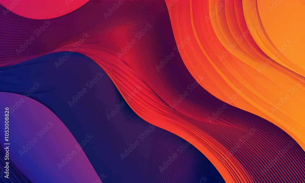Poster a flat vector background design with curved lines and a red to blue gradient. it uses simple shapes 