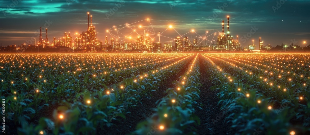 Poster a vast field of green crops with glowing lights in rows, stretching towards a distant industrial com